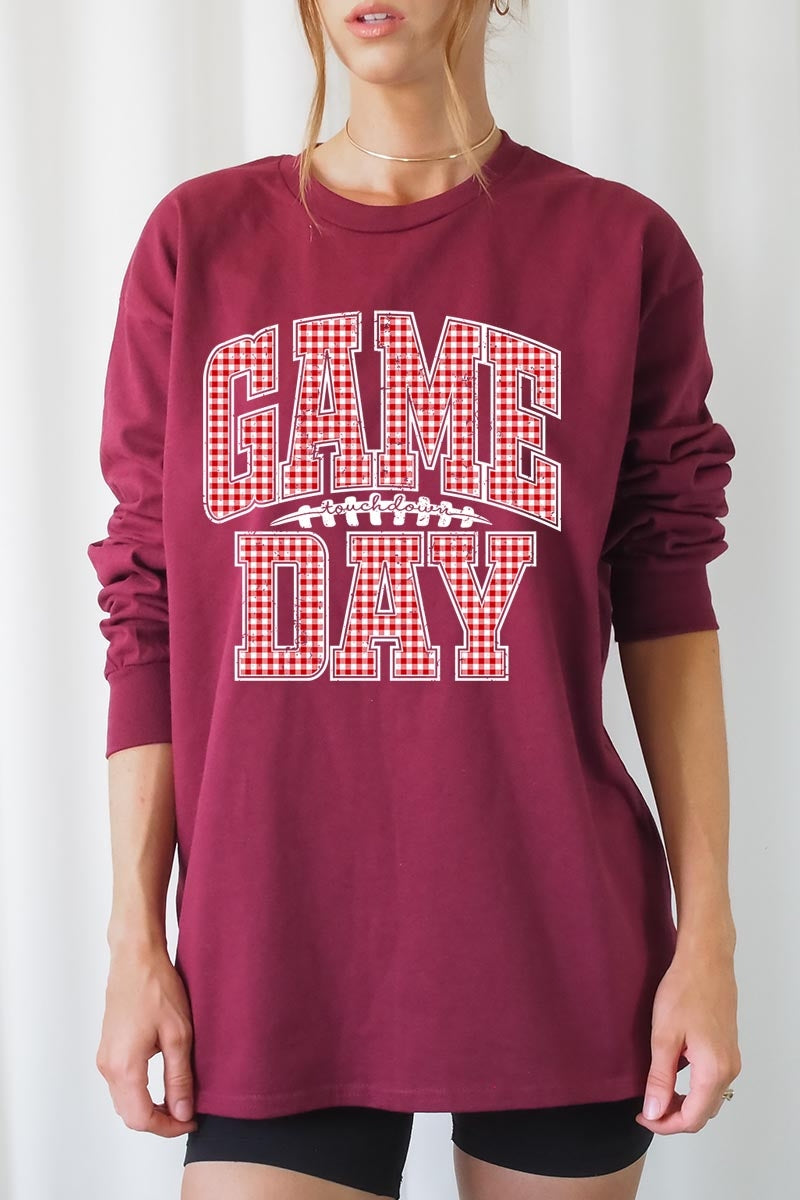 UL240-E3126 Red Gingham Game Day Graphic Long Sleeve Tee $13.75