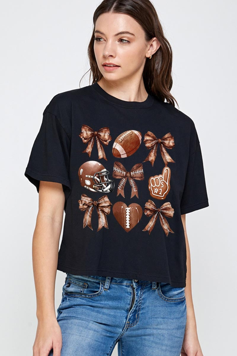 CTS-E3054 Cute Football and Bow Graphic Relaxed Crop Top $10.5