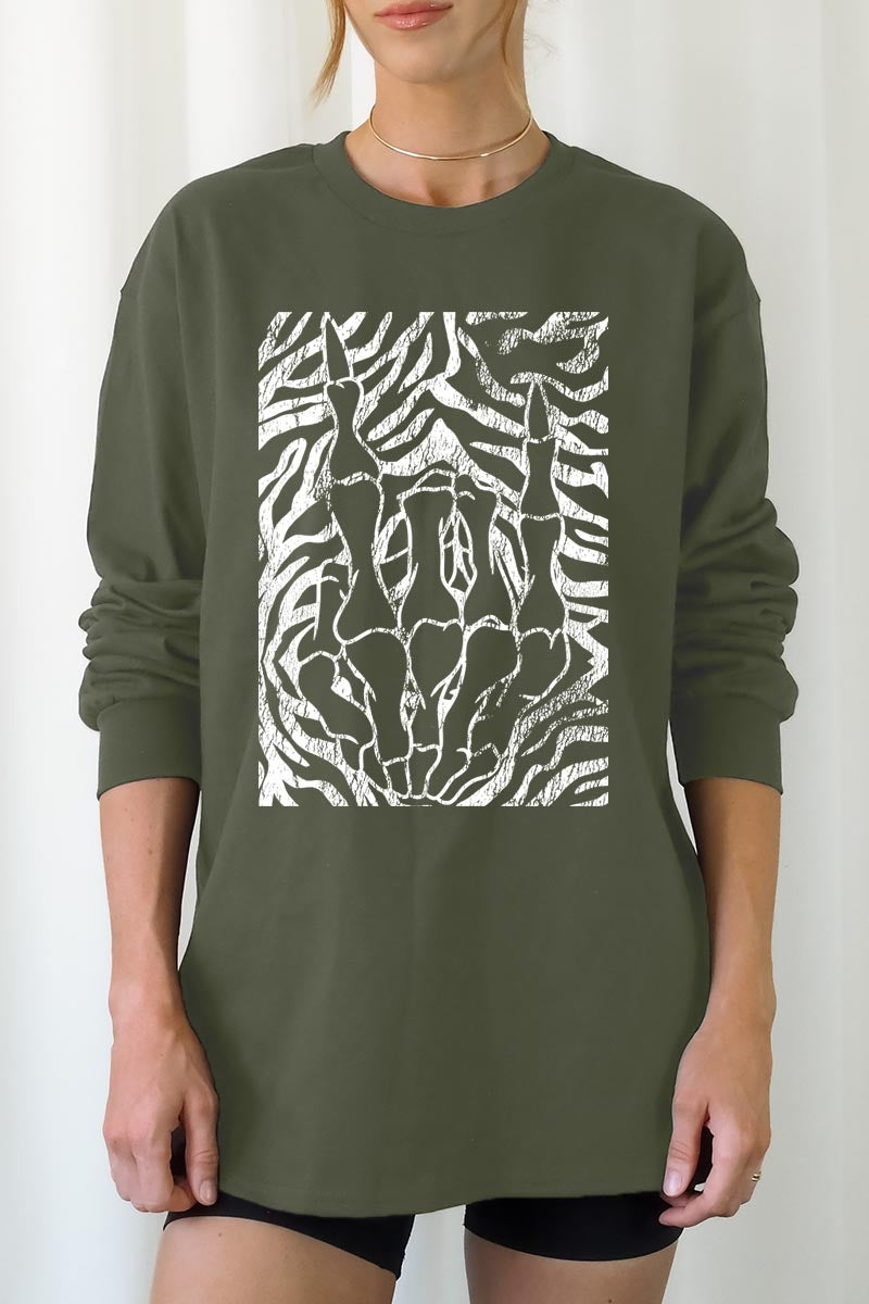 UL240-E3177 Skeleton Hands Zebra Graphic Long Sleeve Tee $13.75