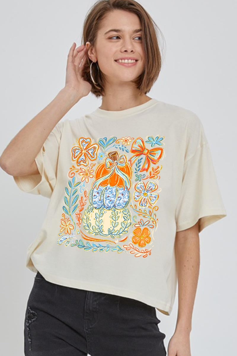 CTS-E3153 Floral Pumpkin Stack Graphic Relaxed Crop Top $11