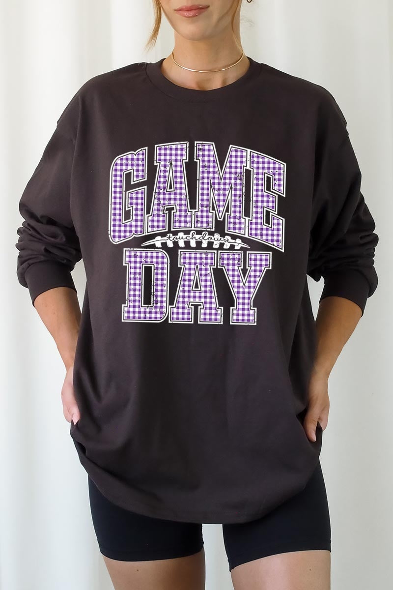 UL240P-E3127 Purple Gingham Game Day Plus Long Sleeve Tee $17