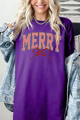 5000P-E3206 Plaid Merry Christmas Bow Graphic Plus Heavy Cotton Tee $12.75