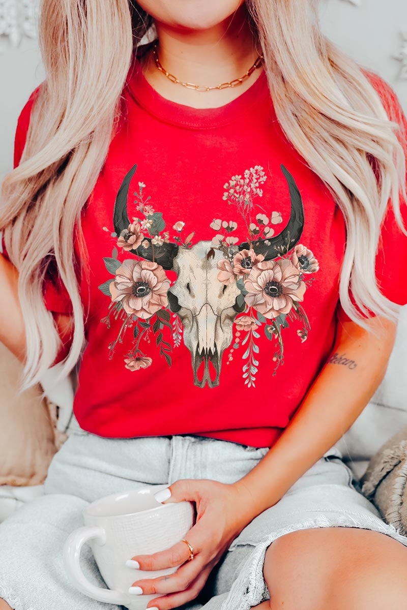 US3001-E3113 Western Skull Floral Graphic Tee $12.5