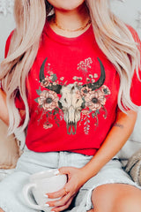 US3001-E3113 Western Skull Floral Graphic Tee $12.5