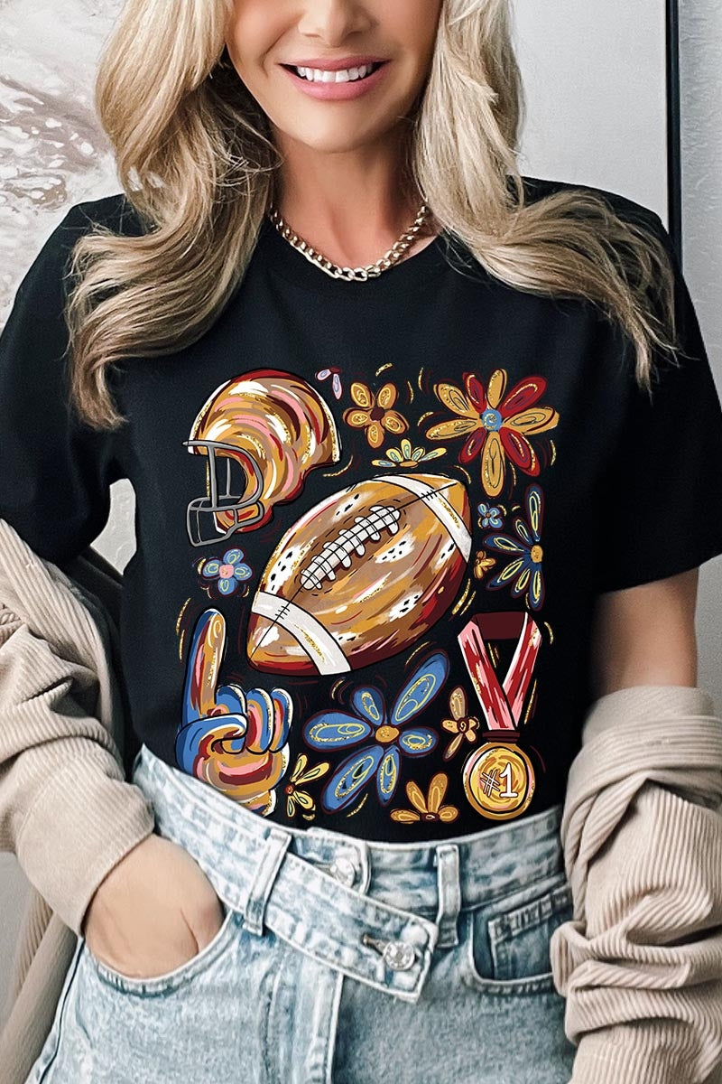 US3001P-E3072 Retro Floral Football Graphic Plus Tee $16