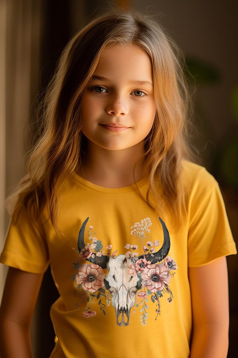 US3001Y-E3113Z Western Skull Floral Kids Graphic Tee $11