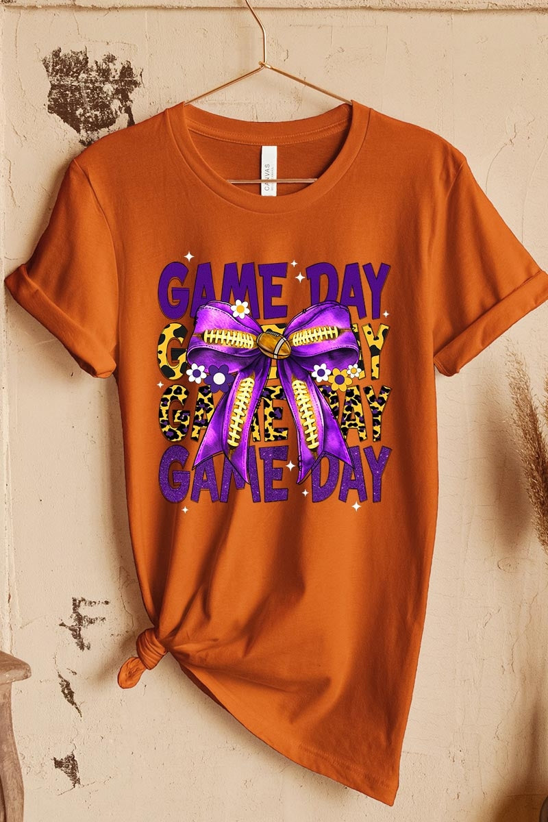 US3001P-E3092 Purple Yellow Football Game Day Bow Plus Tee $16