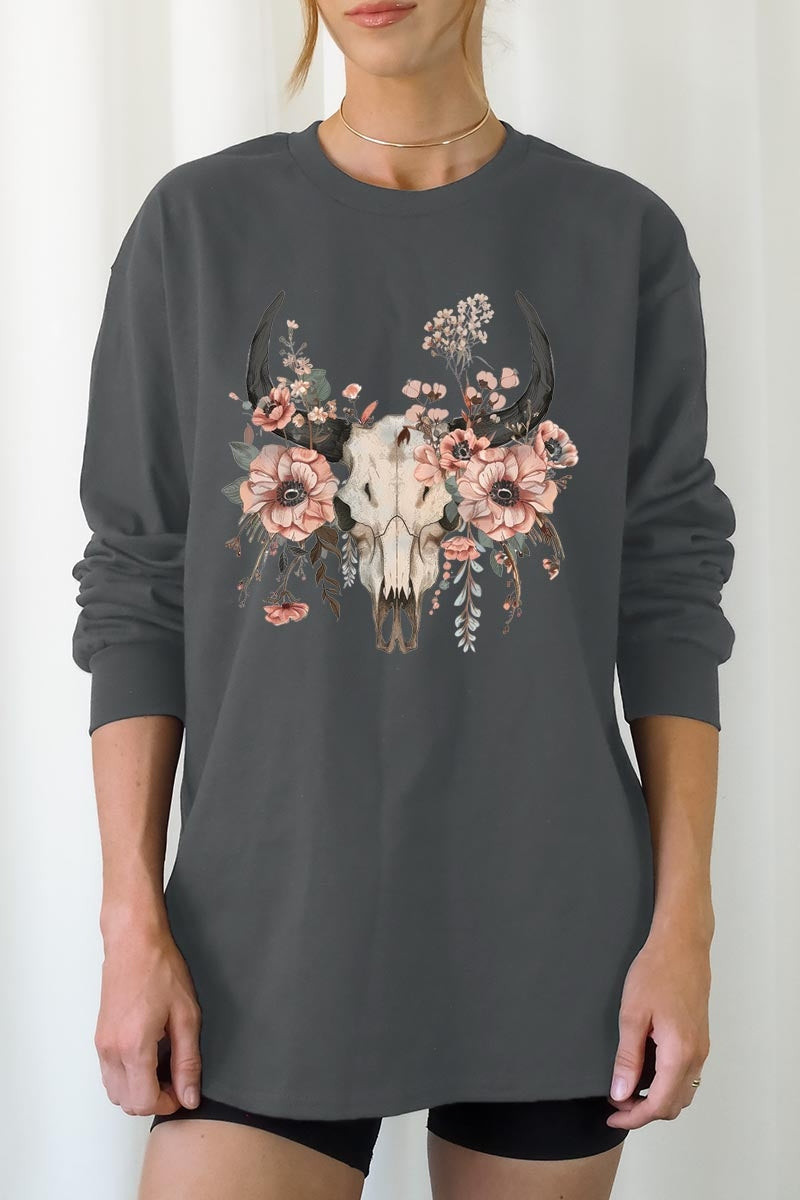 UL240-E3113 Western Skull Floral Graphic Long Sleeve Tee $13.75