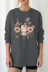UL240-E3113 Western Skull Floral Graphic Long Sleeve Tee $13.75