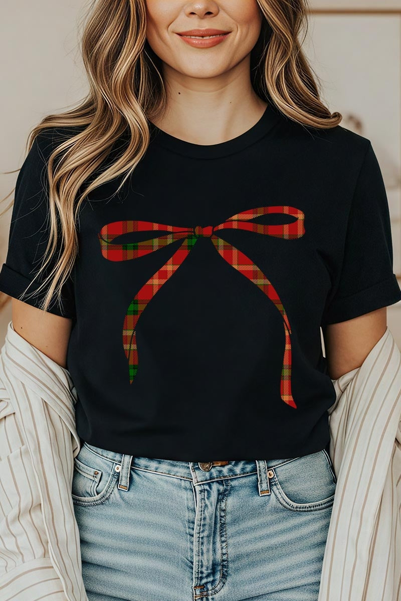US3001-E3211 Red Bow Christmas Graphic Tee $12.5