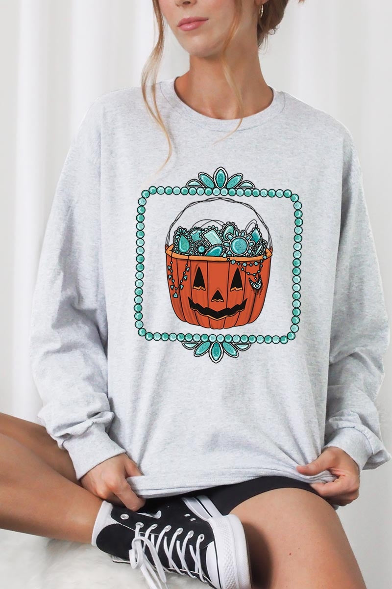 UL240-E3140 Halloween turquoise pumpkin Long Sleeve Tee $13.75