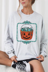 UL240P-E3140 Halloween turquoise pumpkin Plus Long Sleeve Tee $17