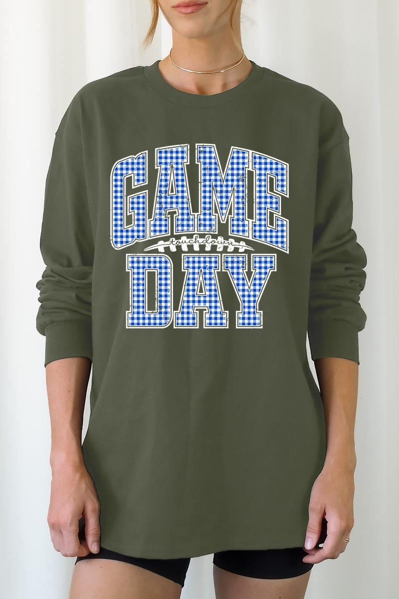UL240-E3130 Blue Gingham Game Day Graphic Long Sleeve Tee $13.75