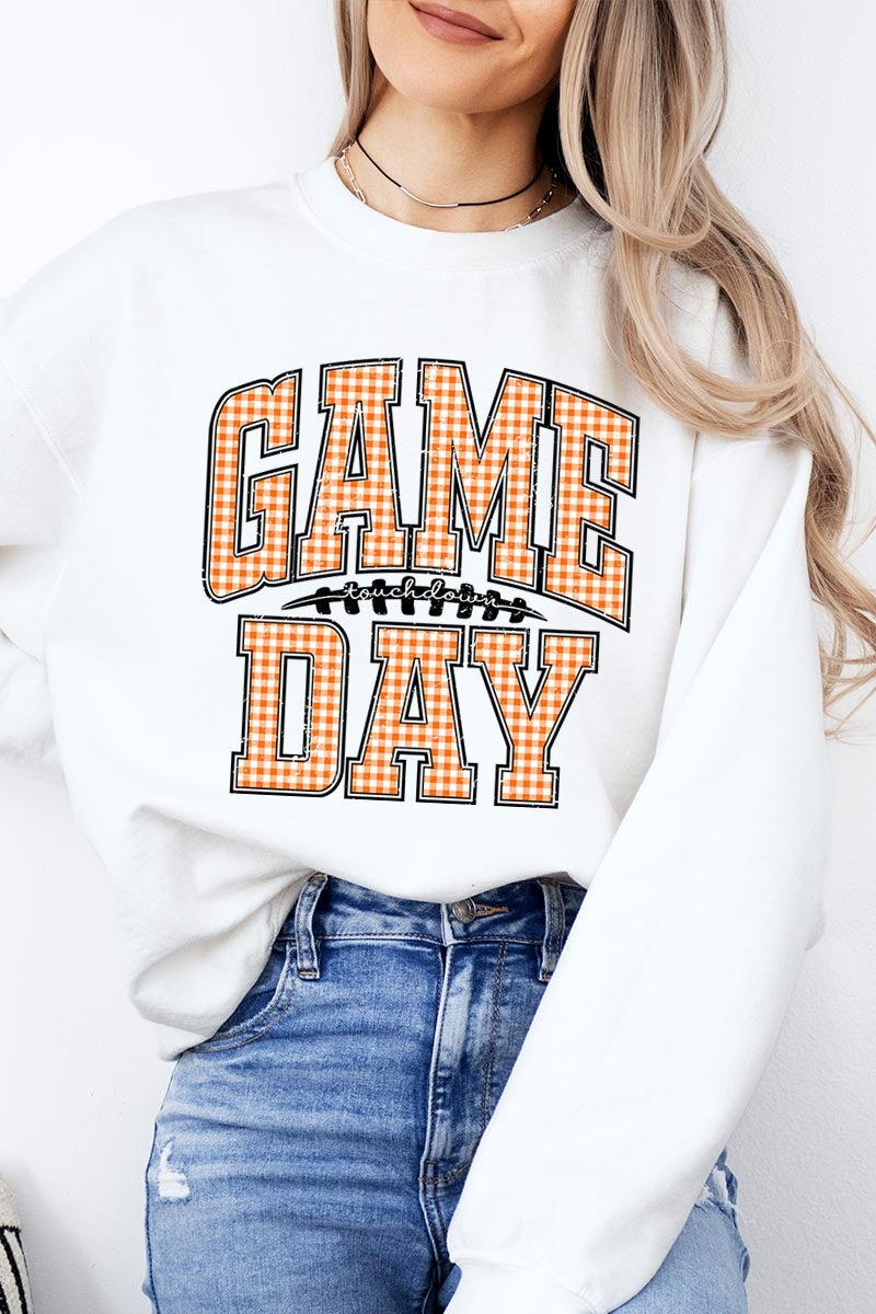 UL180P-E3129 Orange Gingham Game Day Graphic Plus Sweatshirt $25