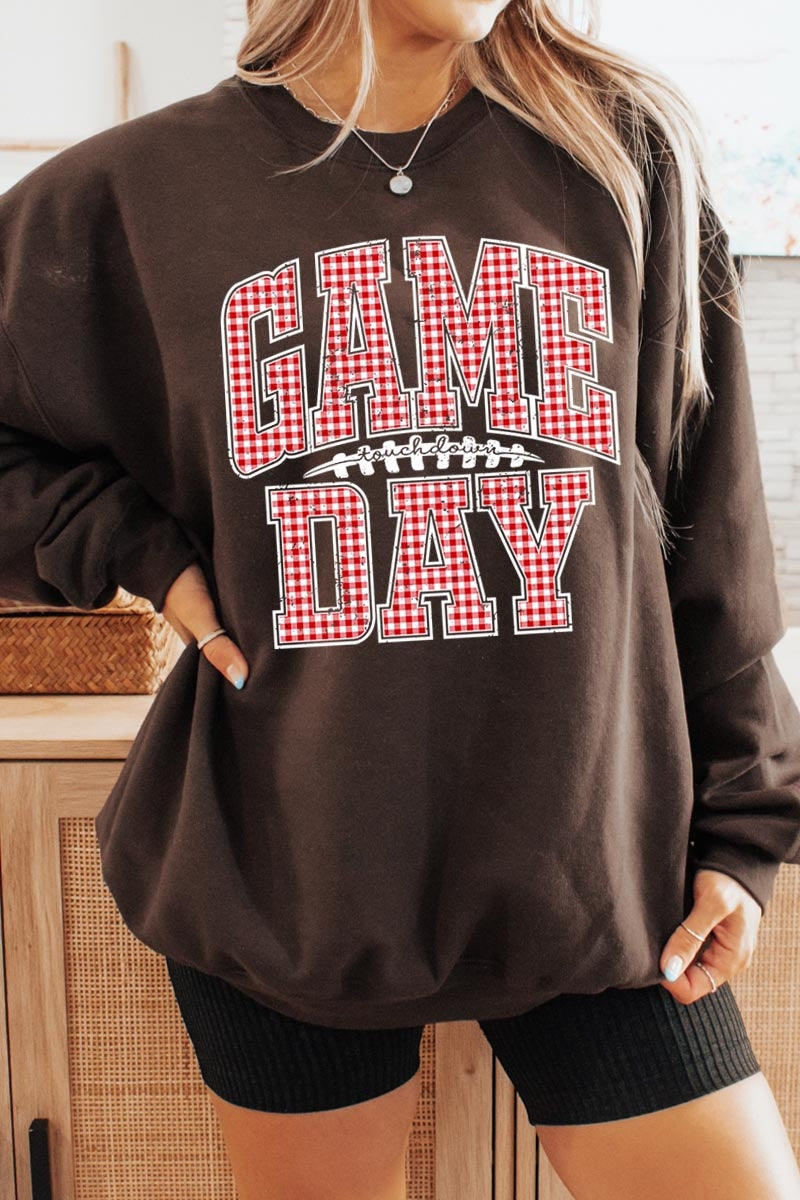 UL180P-E3126 Red Gingham Game Day Graphic Plus Sweatshirt $25