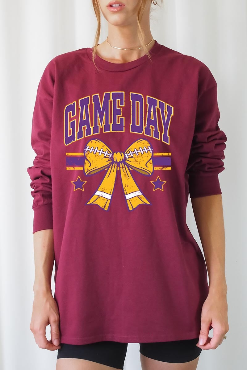 UL240P-E3063 Purple Game Day Football Bow Plus Long Sleeve Tee $17