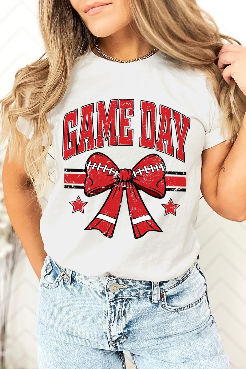 US3001-E3062 Red Game Day Football Bow Graphic Tee $12.5
