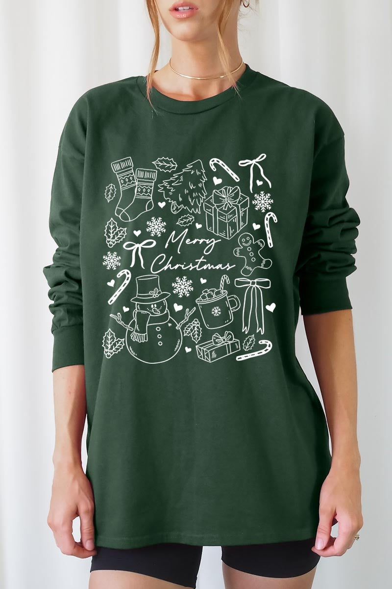 UL240-E3181 Christmas Doodle Graphic Long Sleeve Tee $13.75