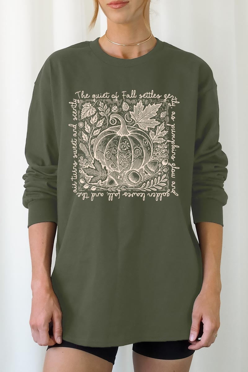 UL240-E3112 Fall Pumpkin Botanical Graphic Long Sleeve Tee $13.75