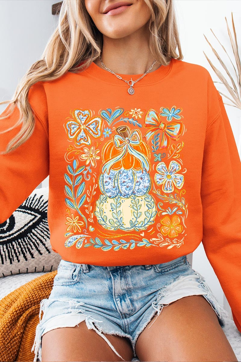UL180P-E3153 Floral Pumpkin Stack Graphic Plus Sweatshirt $25