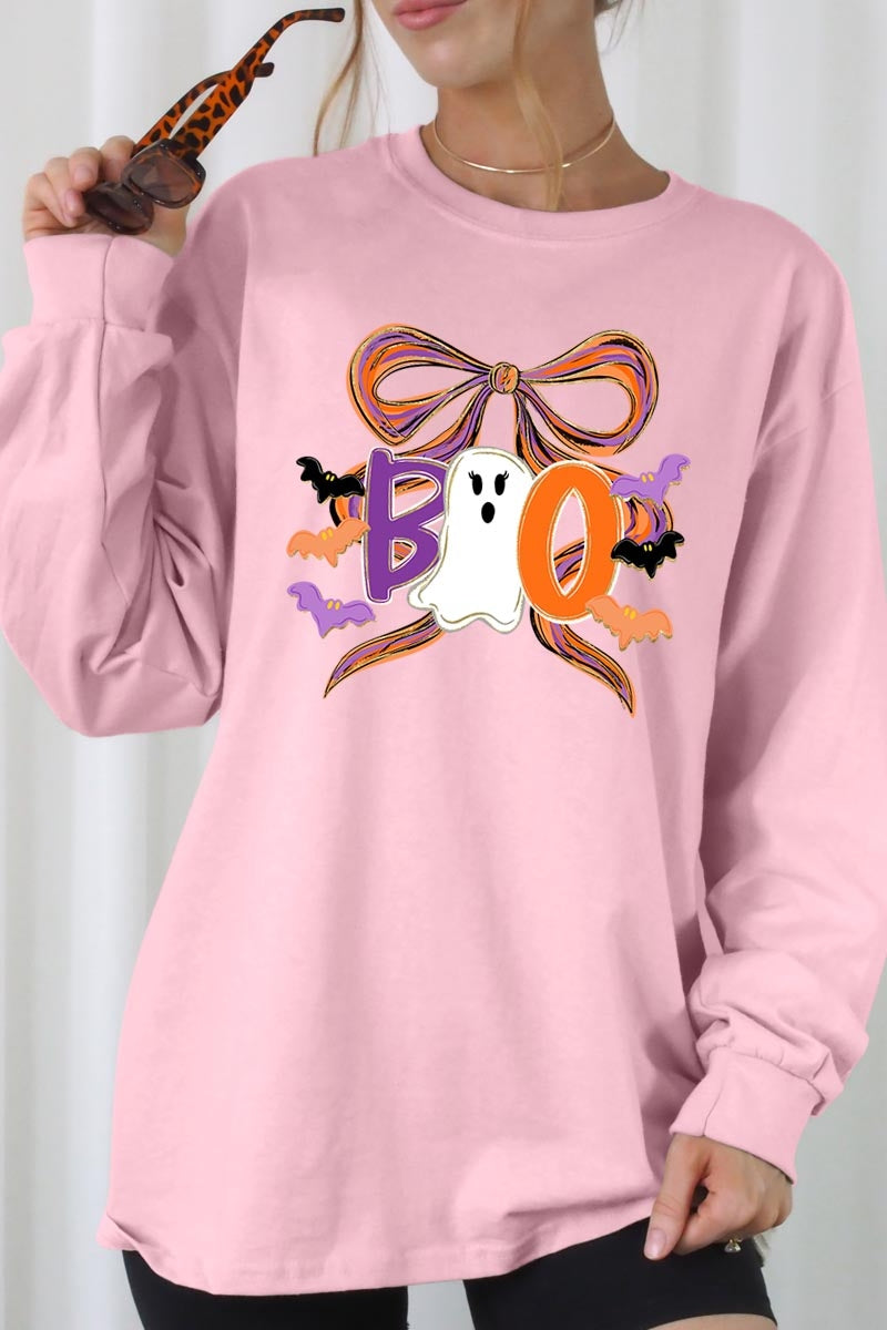 UL240-E3120 Boo Brushstroke Bow Graphic Long Sleeve Tee $13.75