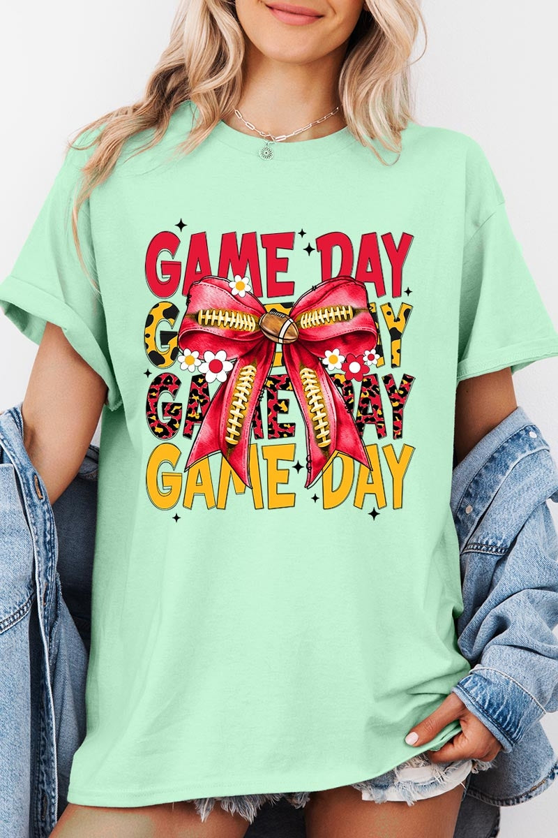 5000-E3091 Red Yellow Football Game Day Bow Heavy Cotton Tee $9