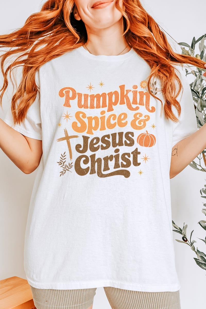 5000-E3164 Pumpkin Spice & Jesus Graphic Heavy Cotton Tee $9