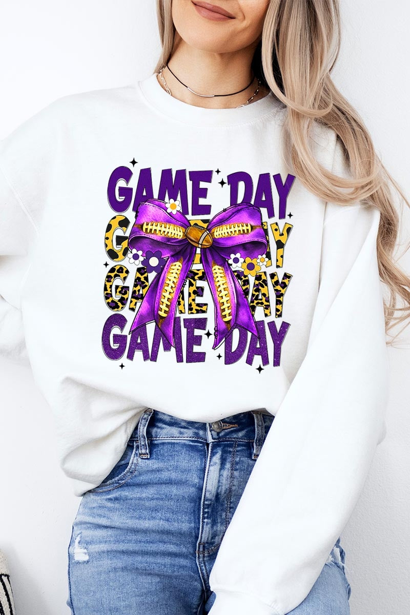 UL180P-E3092 Purple Yellow Football GameDay Bow Plus Sweatshirt $25