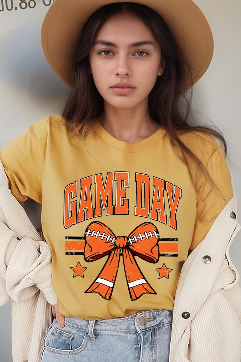 US3001-E3064 Orange Game Day Football Bow Graphic Tee $12.5