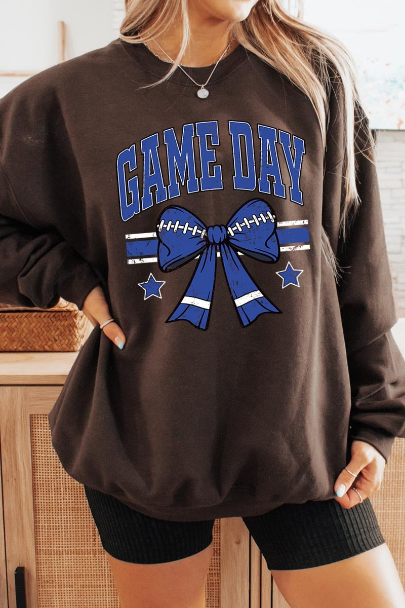 UL180P-E3065 Blue Game Day Football Bow Graphic Plus Sweatshirt $25