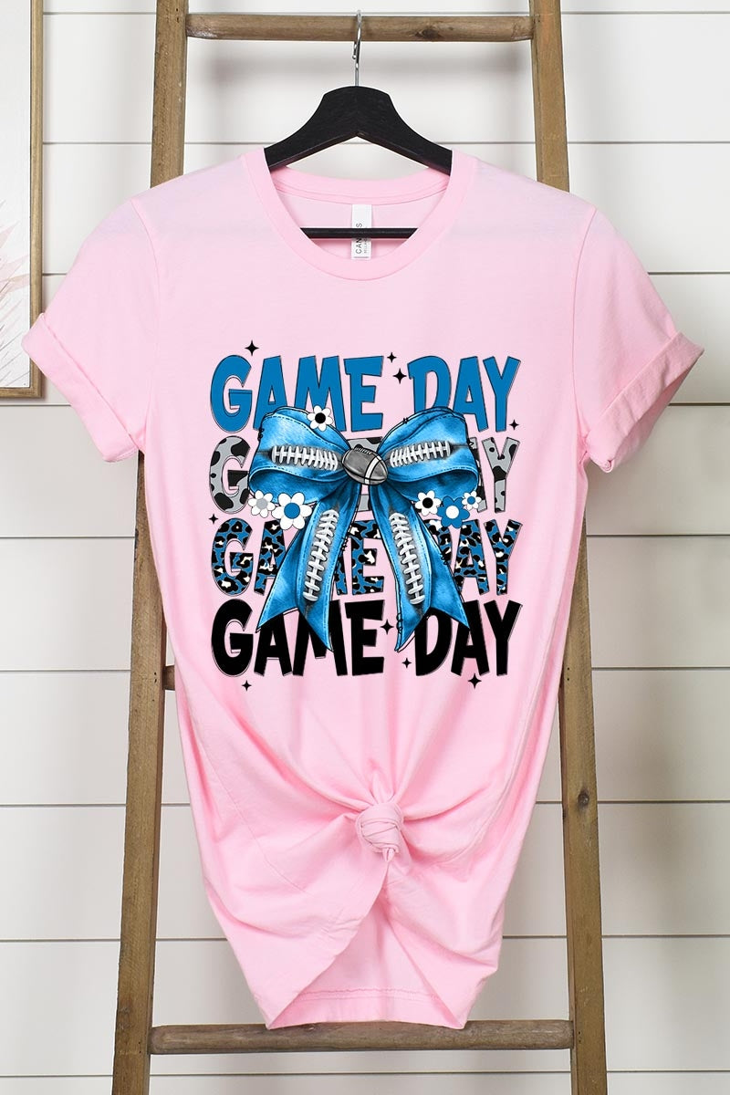 US3001P-E3089 Blue Silver Football Game Day Bow Graphic Plus Tee $16
