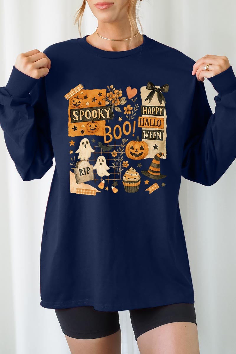UL240P-E3084 Halloween collage Graphic Plus Long Sleeve Tee $17
