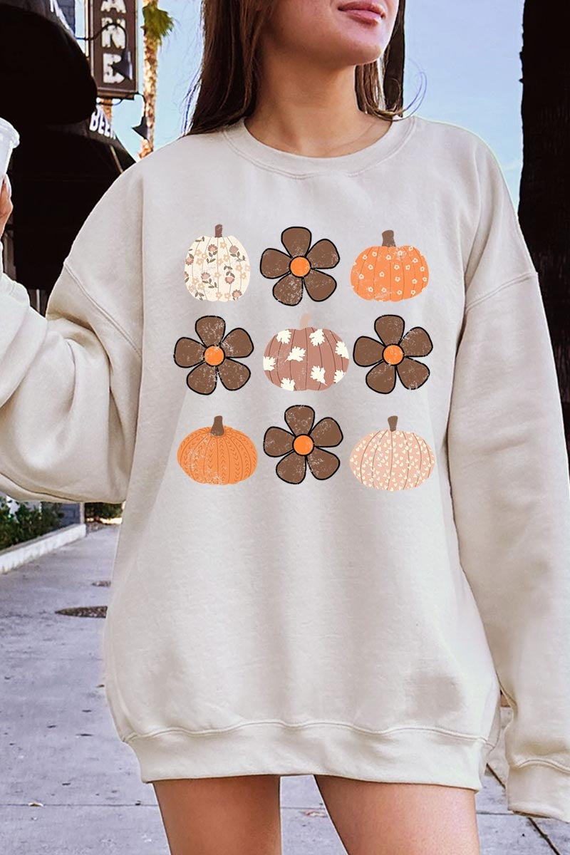 UL180P-E3117 Pumpkins & Flowers Fall Graphic Plus Sweatshirt $25