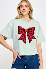 CTS-E3198 Red Buffalo Plaid Bow Graphic Relaxed Crop Top $11