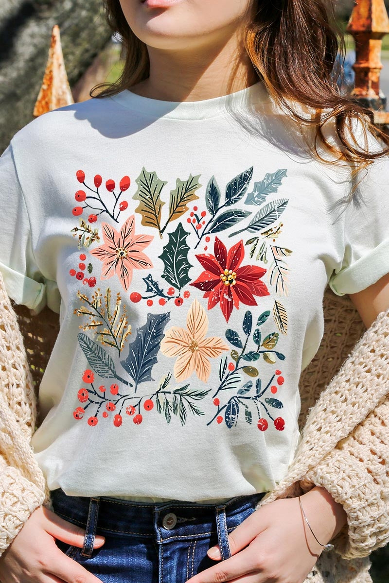 US3001P-E3186 Floral Christmas Graphic Plus Tee $16