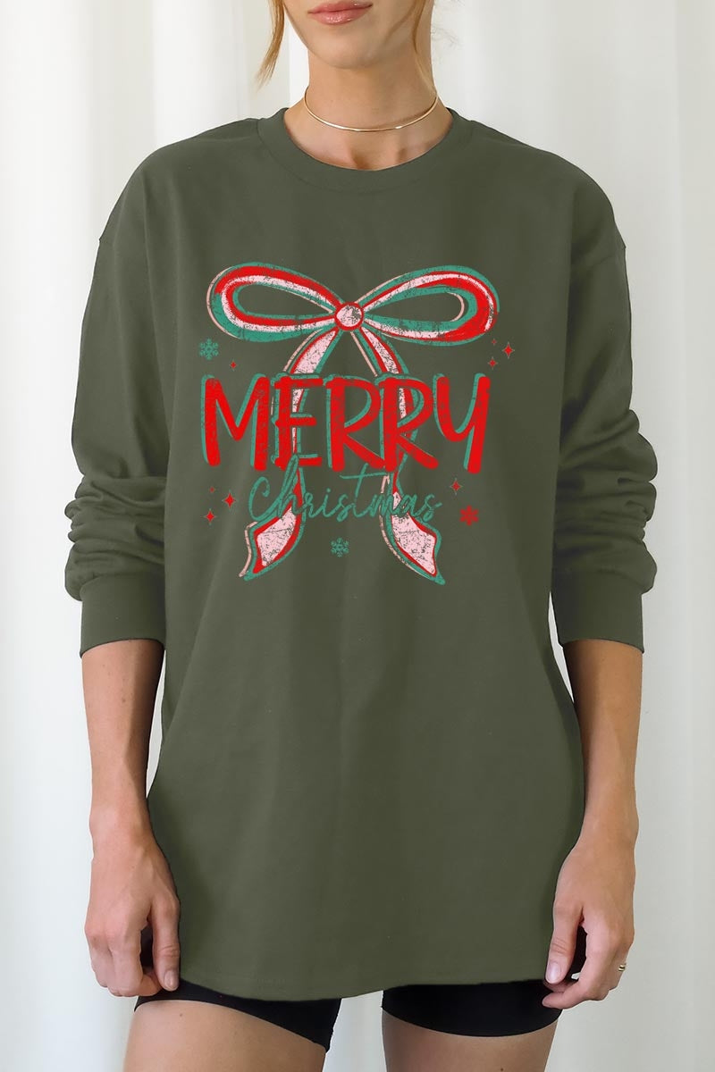 UL240P-E3197 Merry Christmas Bow Graphic Plus Long Sleeve Tee $17