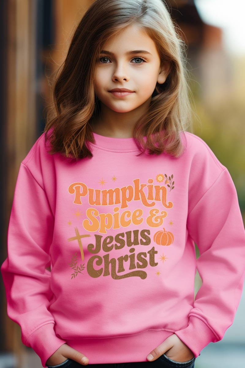 UL180B-E3164Z Pumpkin Spice & Jesus Kids Graphic Sweatshirt $20