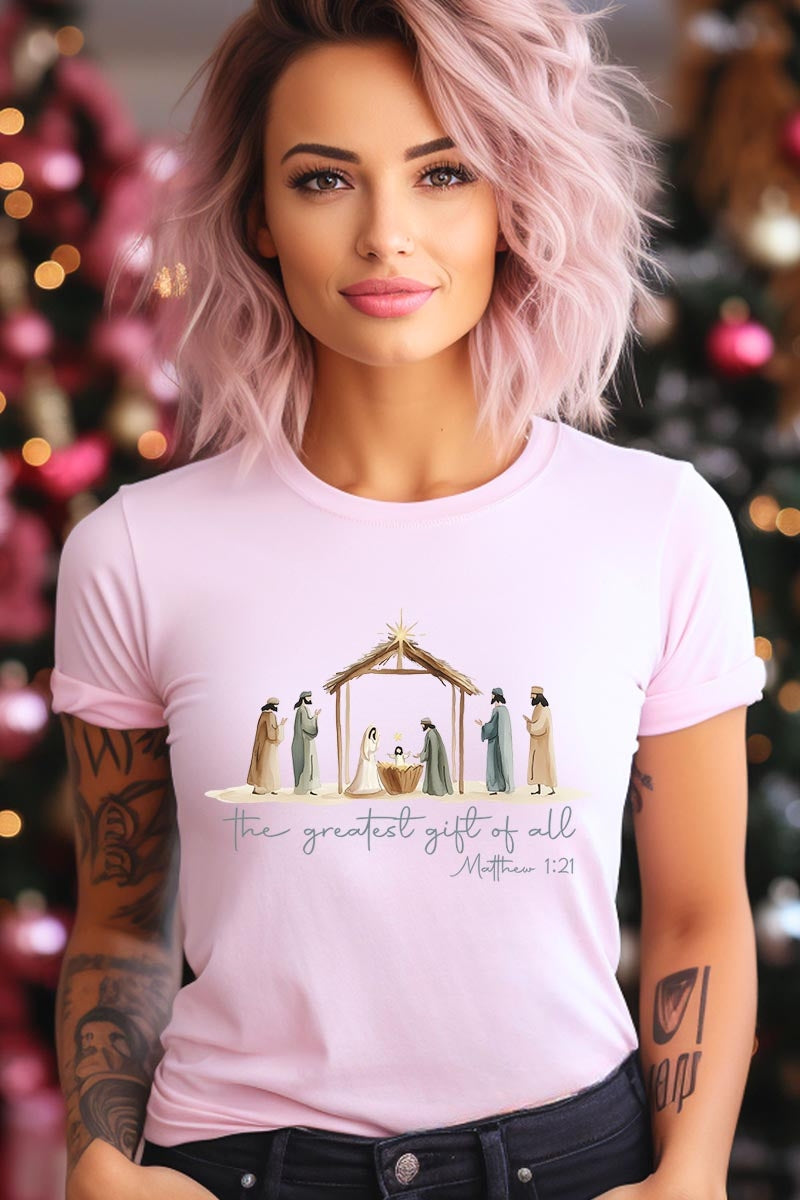 US3001P-E3183 Nativity Gift Graphic Plus Tee $16