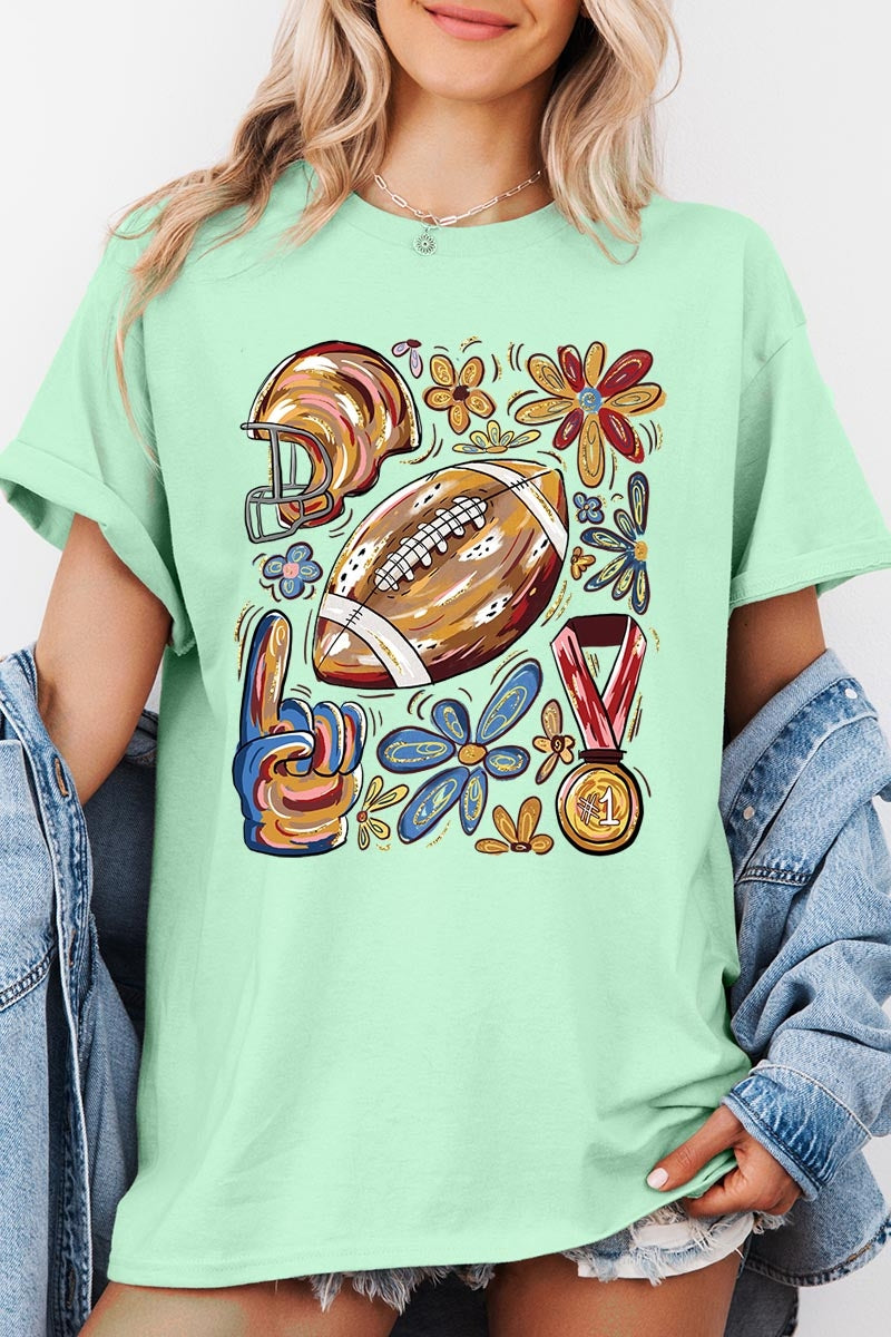 5000-E3072 Retro Floral Football Graphic Heavy Cotton Tee $9