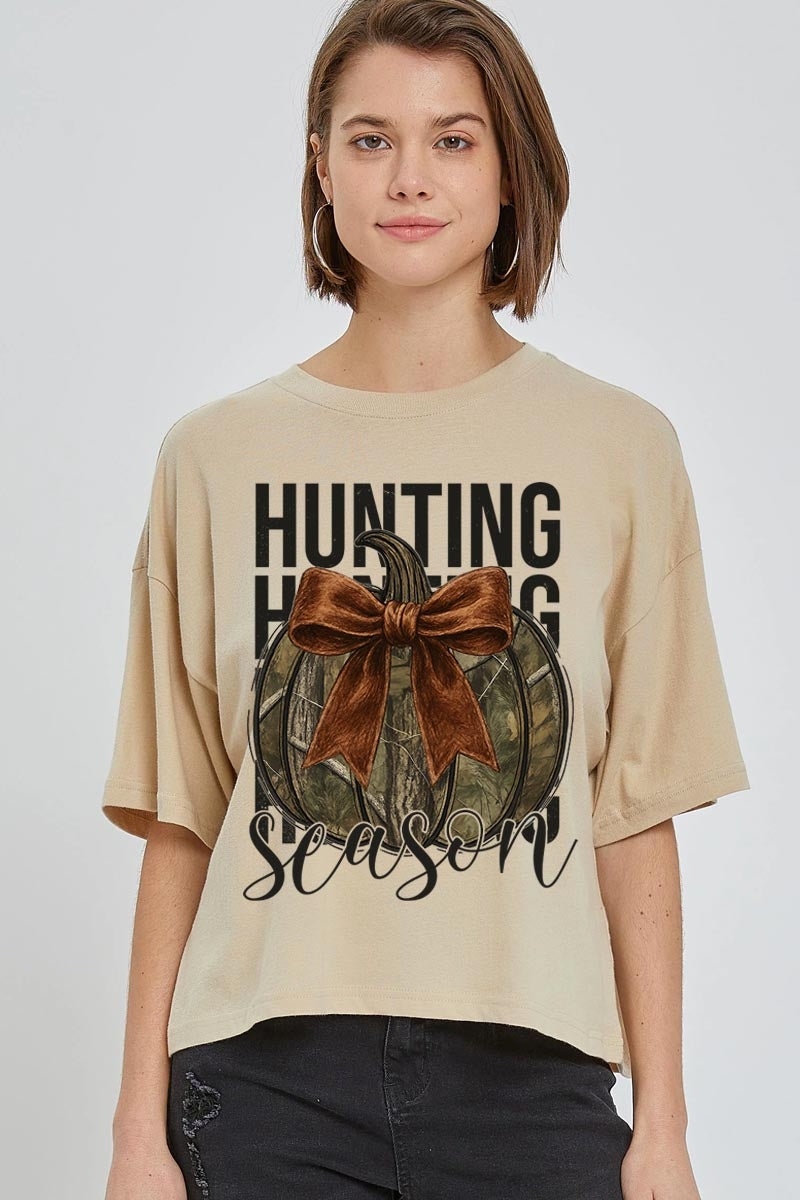 CTS-E3190 Hunting Pumpkin Bow Graphic Relaxed Crop Top $11