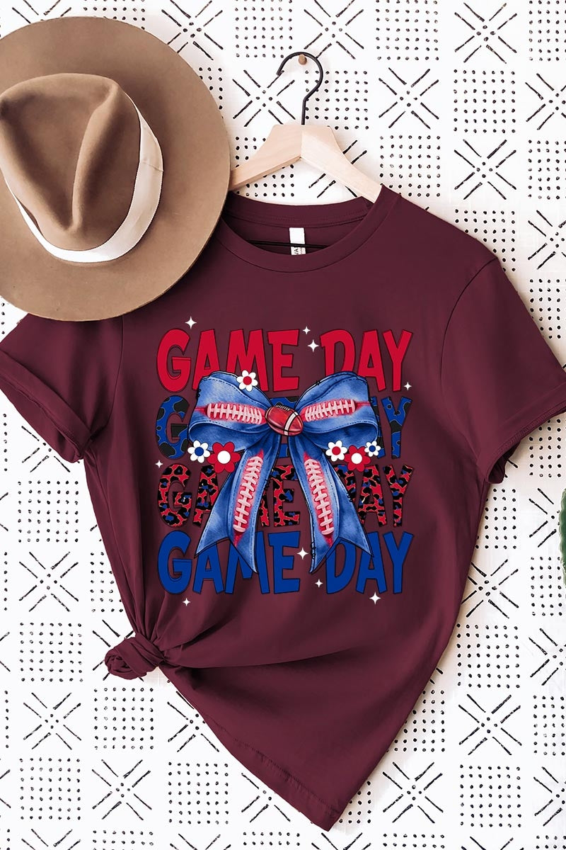 US3001P-E3087 Red Blue Football Game Day Bow Graphic Plus Tee $16