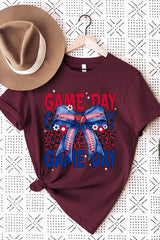 US3001-E3087 Red Blue Football Game Day Bow Graphic Tee $12.5