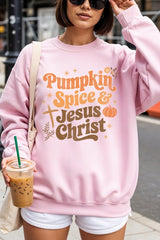 UL180P-E3164 Pumpkin Spice & Jesus Graphic Plus Sweatshirt $25