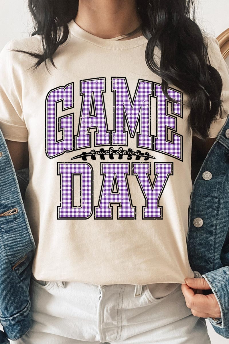 US3001-E3127 Purple Gingham Game Day Graphic Tee $12.5