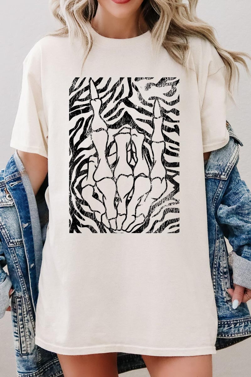 5000P-E3177 Skeleton Hands Zebra Graphic Plus Heavy Cotton Tee $12.75