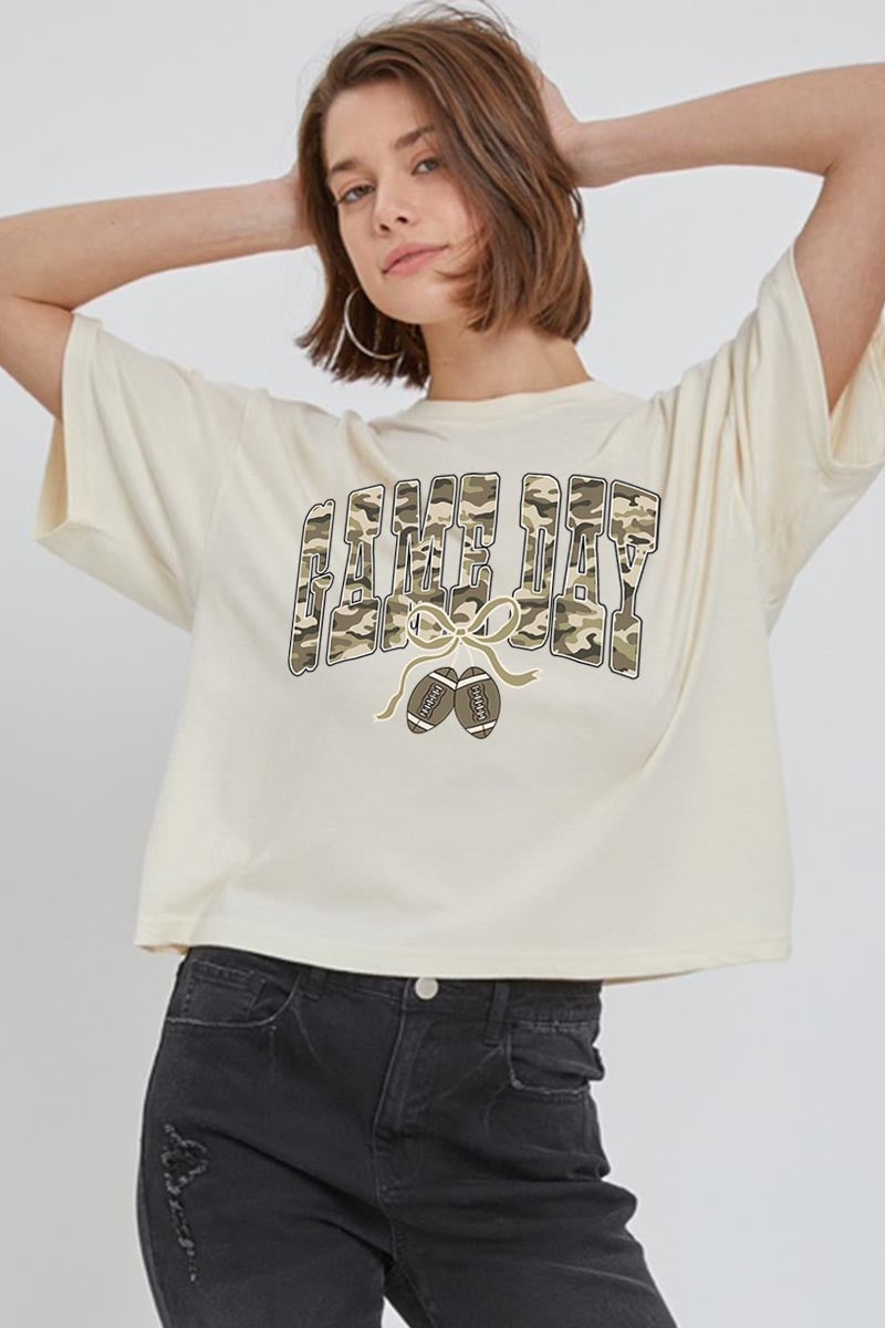 CTS-E3131 Football Game Day Camo Graphic Relaxed Crop Top $11