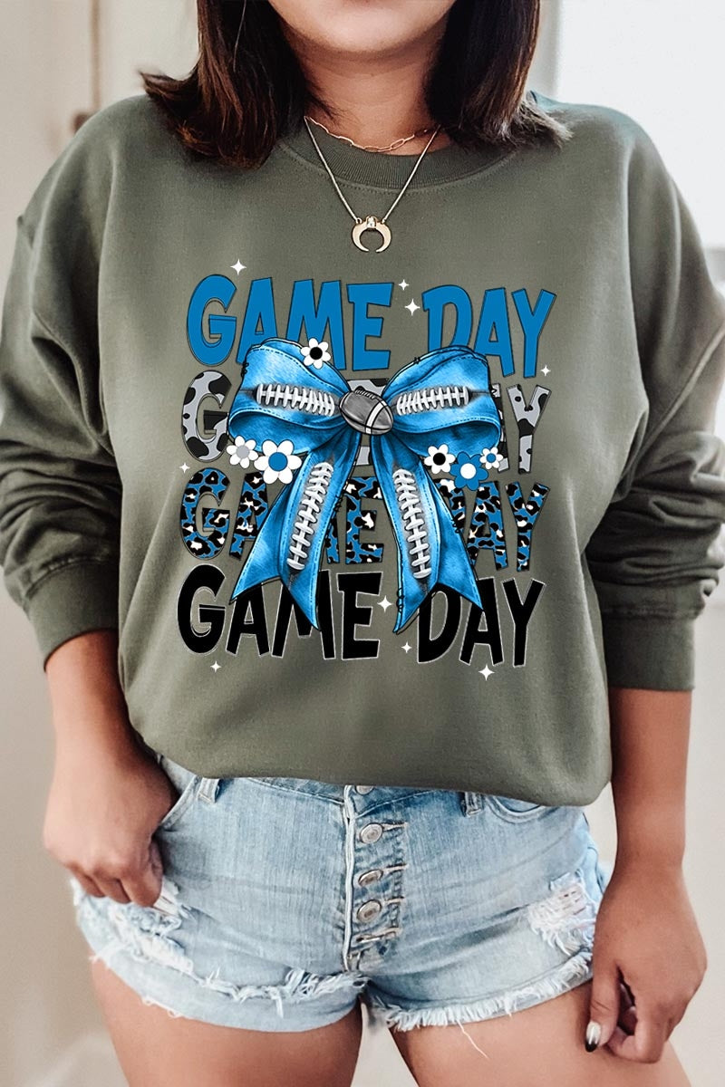 UL180P-E3089 Blue Silver Football Game Day Bow Plus Sweatshirt $25