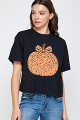 CTS-E3135 Floral Fall Pumpkin Graphic Relaxed Crop Top $11