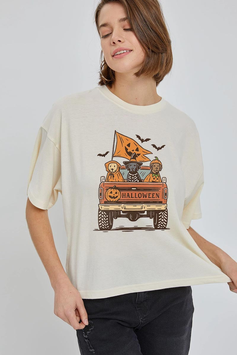 CTS-E3150 Halloween Truck Dogs Graphic Relaxed Crop Top $11
