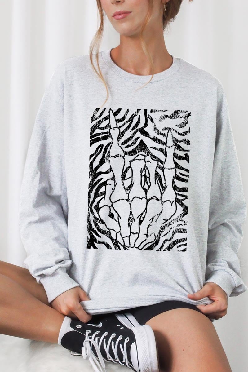 UL240-E3177 Skeleton Hands Zebra Graphic Long Sleeve Tee $13.75